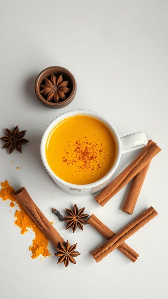 A cozy golden milk turmeric latte with chai spices, surrounded by cinnamon sticks and star anise.