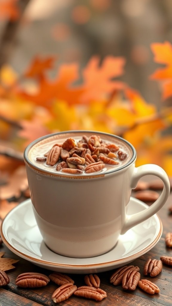 A cup of Maple Pecan Hot Chocolate topped with pecans, surrounded by autumn leaves.
