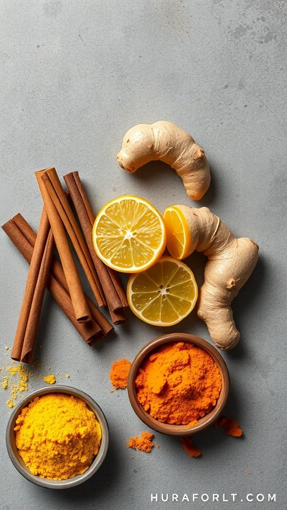 Ingredients for turmeric latte including turmeric powder, ginger, cinnamon sticks, and lemon.