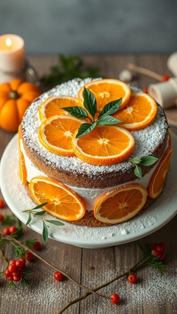A beautifully decorated Cranberry Orange Cake topped with orange slices and greenery.