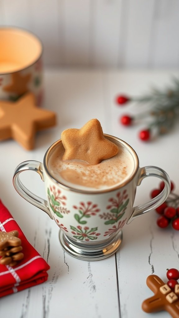 A cozy gingerbread chai latte topped with a star-shaped cookie, surrounded by festive decorations.