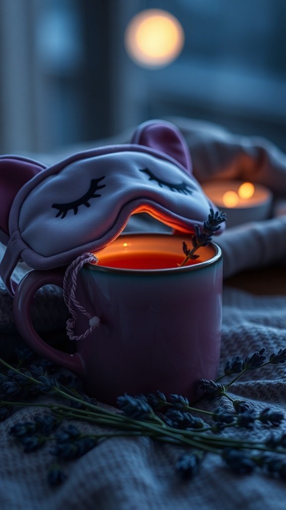 A cozy mug with lavender tea, a cute eye mask, and lavender sprigs, creating a relaxing evening atmosphere.