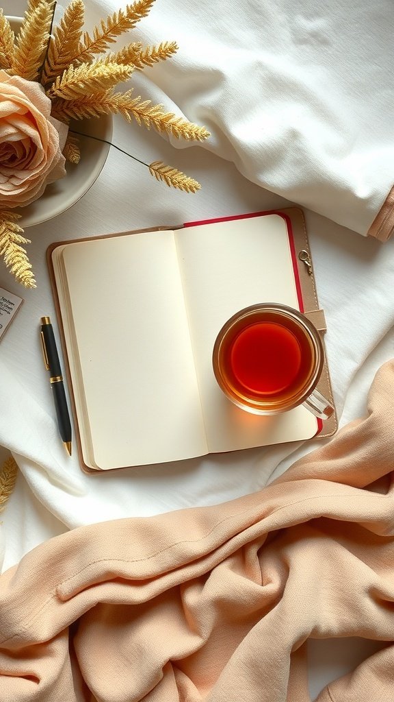 A cozy scene featuring a cup of golden milk chai, a notebook, and decorative elements.