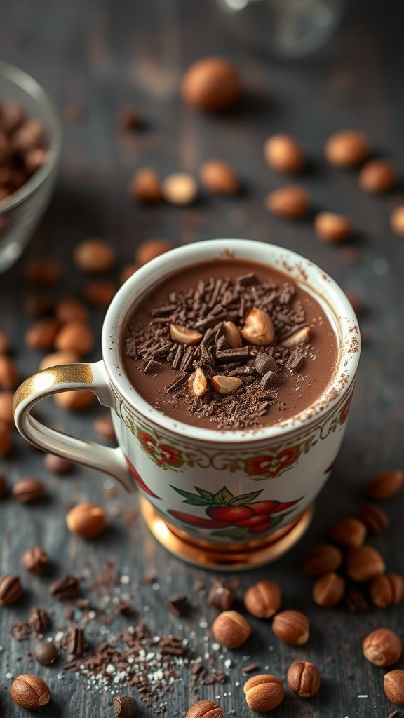 A warm cup of chocolate hazelnut steamer topped with whipped cream and garnished with hazelnuts and chocolate shavings.