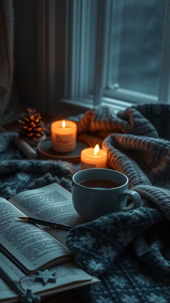 A cozy evening setup with a cup of tea, candles, a book, and a soft blanket.