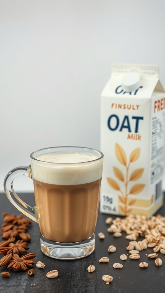 A glass of turmeric latte with oat milk, surrounded by spices and an oat milk carton.