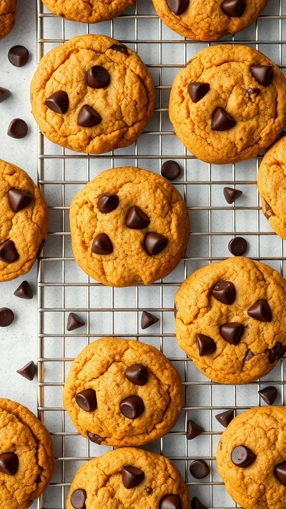 Freshly baked spicy pumpkin chocolate chip cookies on a cooling rack.