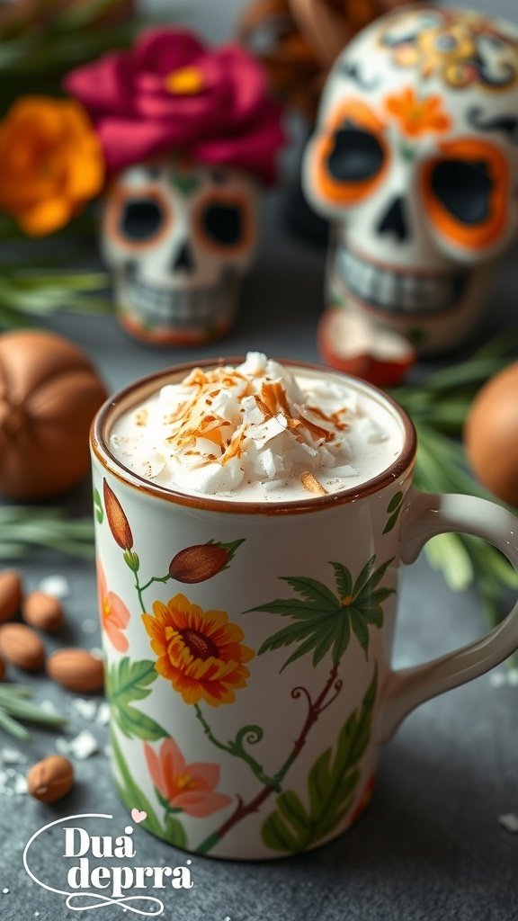 A cozy mug of coconut and almond cocoa topped with whipped cream, sliced almonds, and shredded coconut, surrounded by festive decorations.
