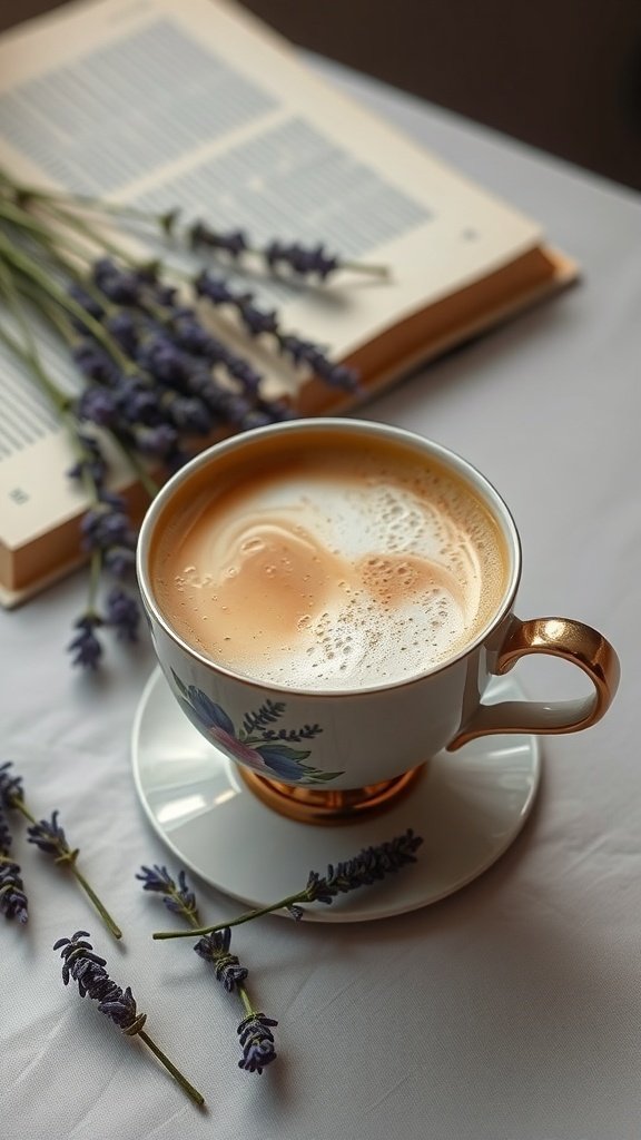A cup of lavender honey latte with lavender sprigs and an open book in the background.