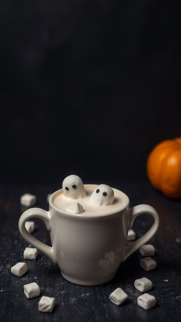 A cup of ghostly white chocolate cocoa with ghost-shaped marshmallows and a pumpkin in the background.