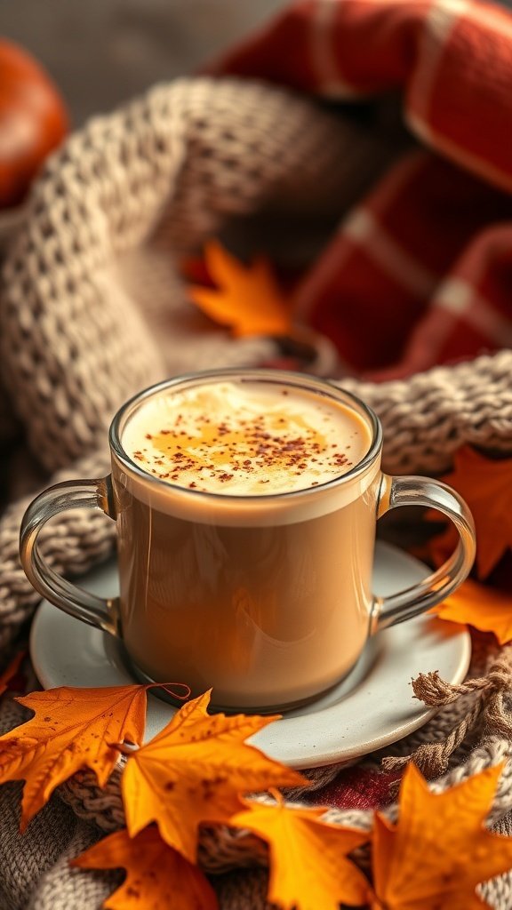 A cozy pumpkin cream chai latte in a clear glass mug, surrounded by autumn leaves and a knitted blanket.
