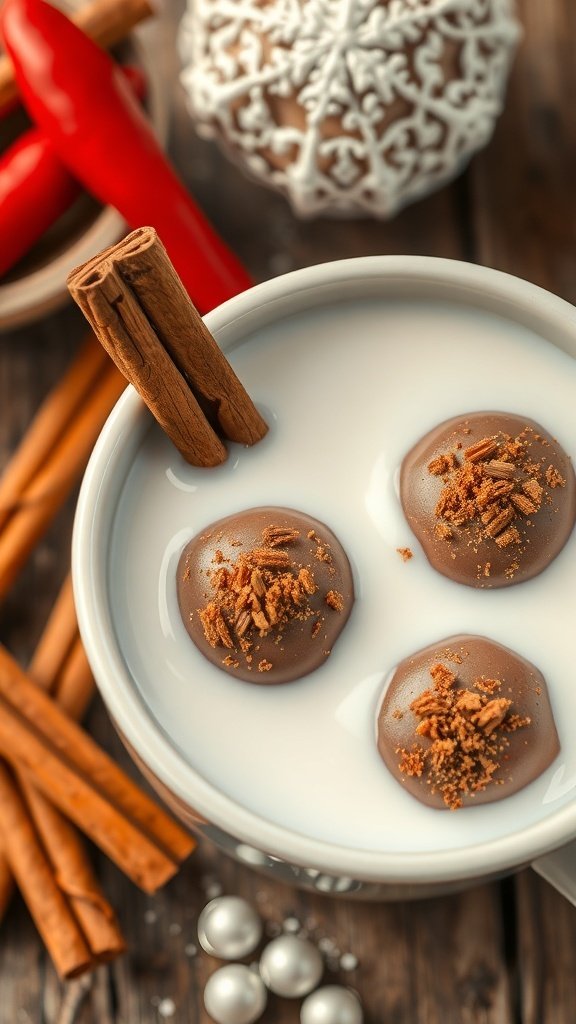 Spicy cinnamon chocolate bombs in a bowl of milk with cinnamon sticks and red chili