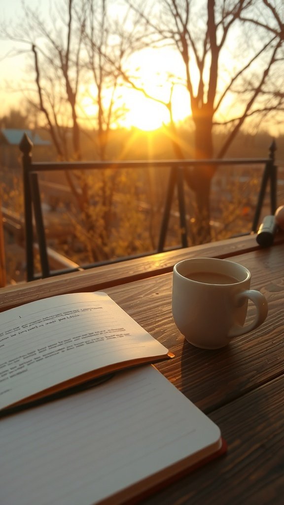 A warm cup of chai latte on a wooden table with a notebook and a sunrise in the background.