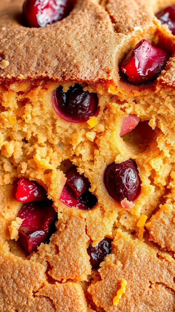 Close-up of a cranberry orange cake showing its tender texture and cranberries