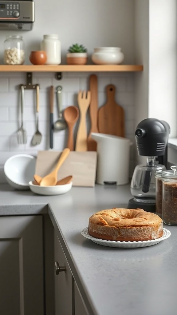 A freshly baked coffee cake on a kitchen counter with utensils and decor in the background.