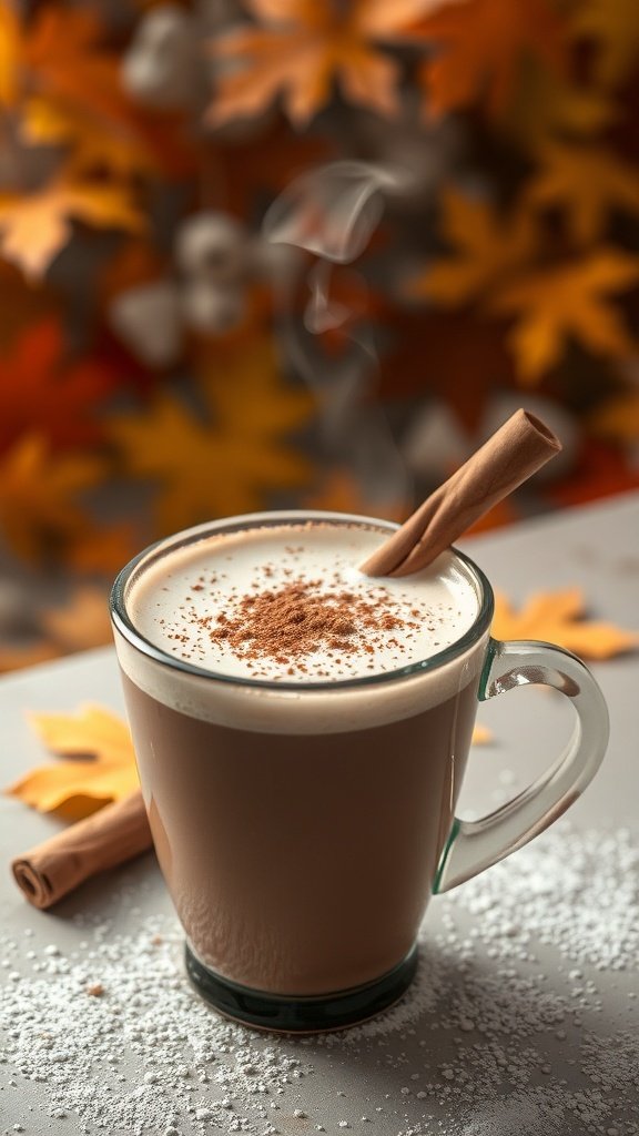 A steaming mug of traditional Mexican hot chocolate with a cinnamon stick, surrounded by autumn leaves.