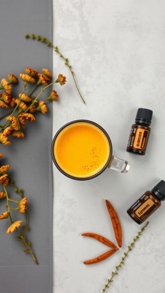 A vibrant golden milk latte with spices and flowers