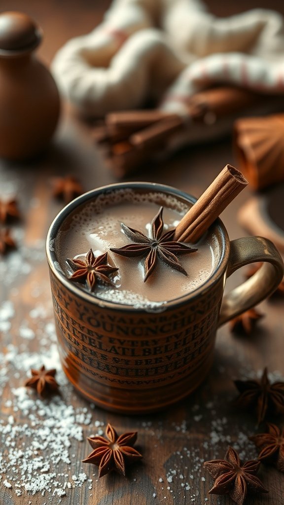A cozy mug of chai-spiced hot cocoa topped with star anise and a cinnamon stick, surrounded by spices and powdered sugar.