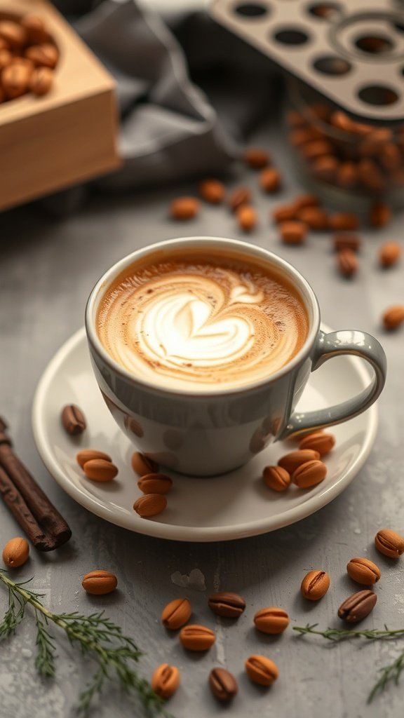 A cozy mug of golden milk chai with latte art, surrounded by coffee beans and cinnamon sticks.