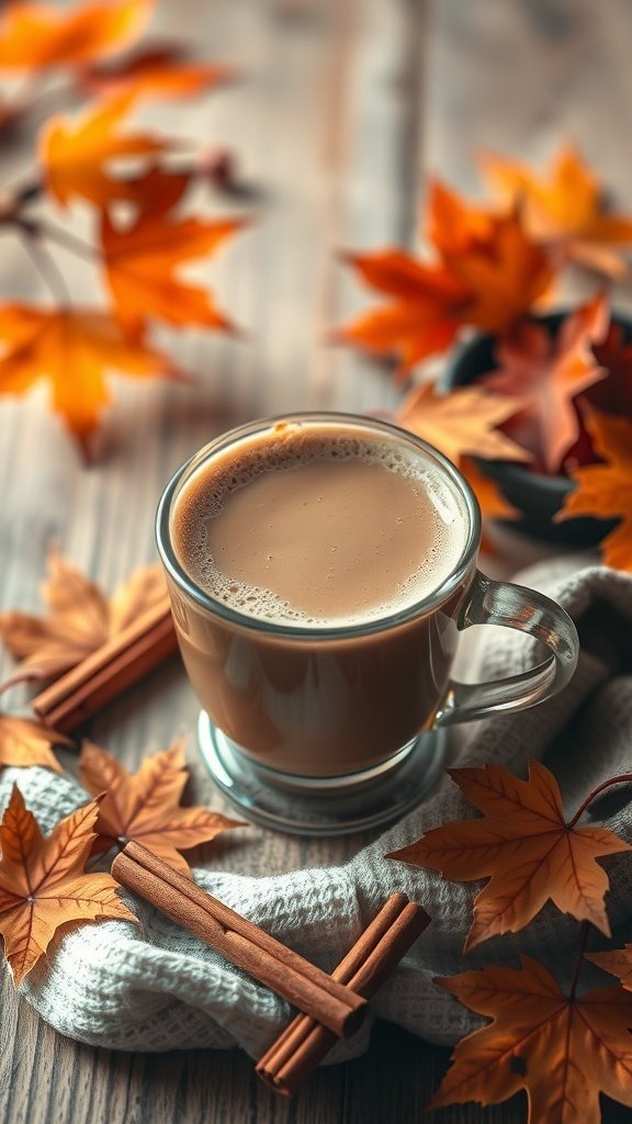 A warm mug of maple brown sugar chai latte surrounded by autumn leaves and cinnamon sticks.