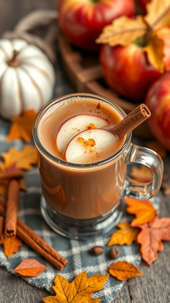 A cozy mug of spiced apple cider cocoa topped with apple slices and cinnamon, surrounded by autumn leaves and cinnamon sticks.