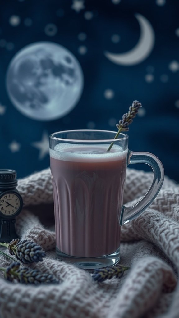 A cozy glass of lavender drink on a knitted blanket with a clock and moon in the background.