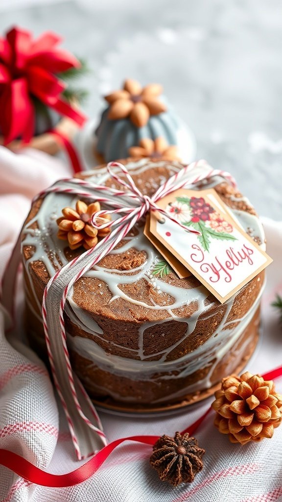 A beautifully wrapped holiday gift with festive designs and a red and white striped ribbon.