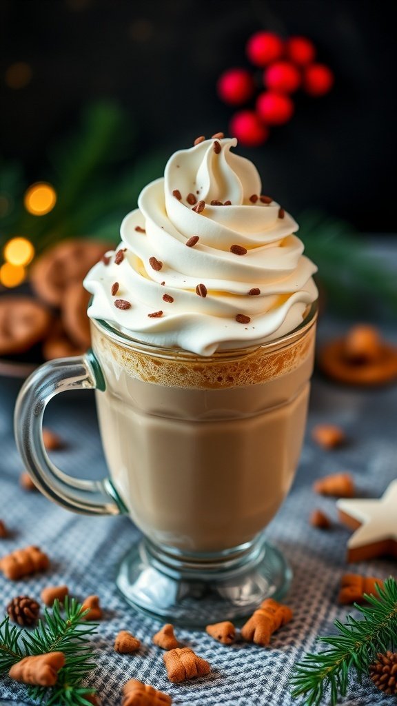 A delicious Cookie Butter Latte topped with whipped cream and chocolate shavings, surrounded by festive decorations.