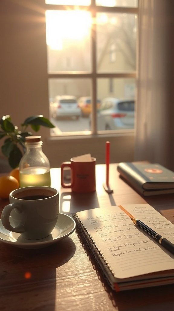A cozy morning scene with a cup of coffee, a notebook, and sunlight streaming through a window.
