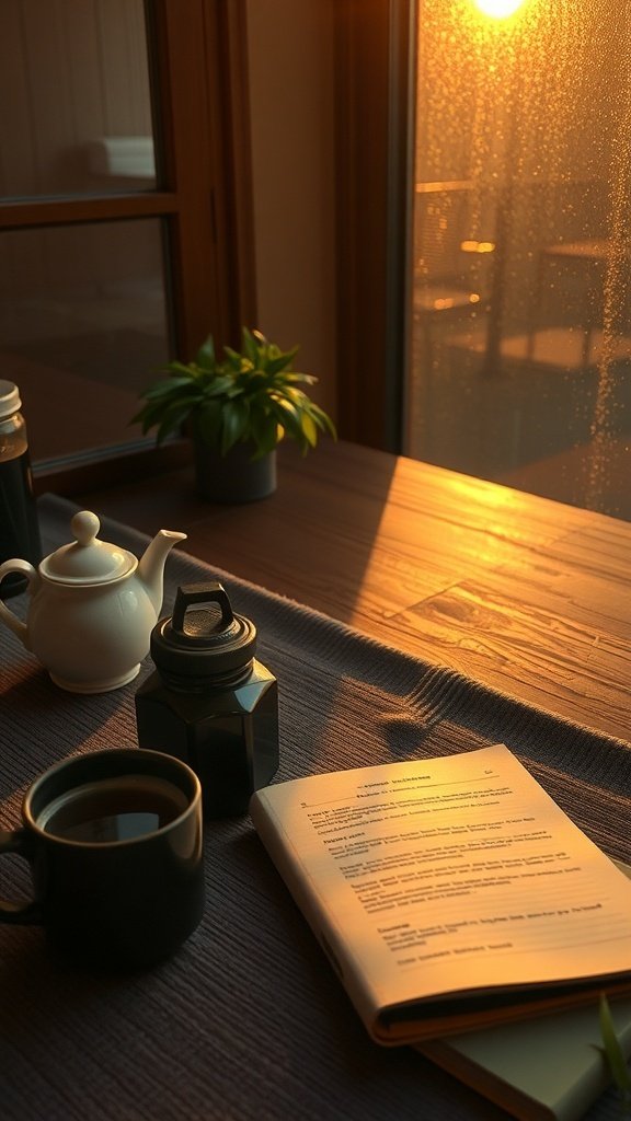 A cozy morning scene with a cup of coffee, teapot, and a notebook by the window