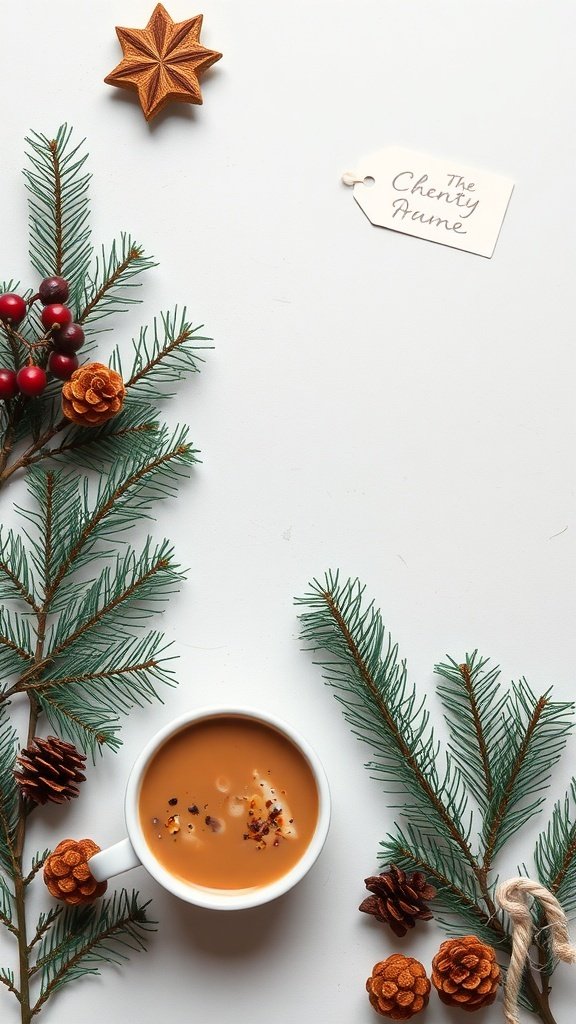 A cozy scene featuring a white mug of gingerbread chai latte surrounded by pine branches and festive decorations.
