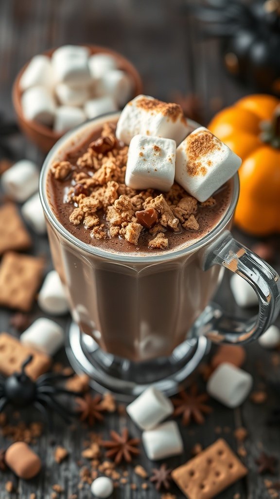 A mug of hot chocolate topped with marshmallows and graham cracker crumbs, surrounded by Halloween-themed decorations.