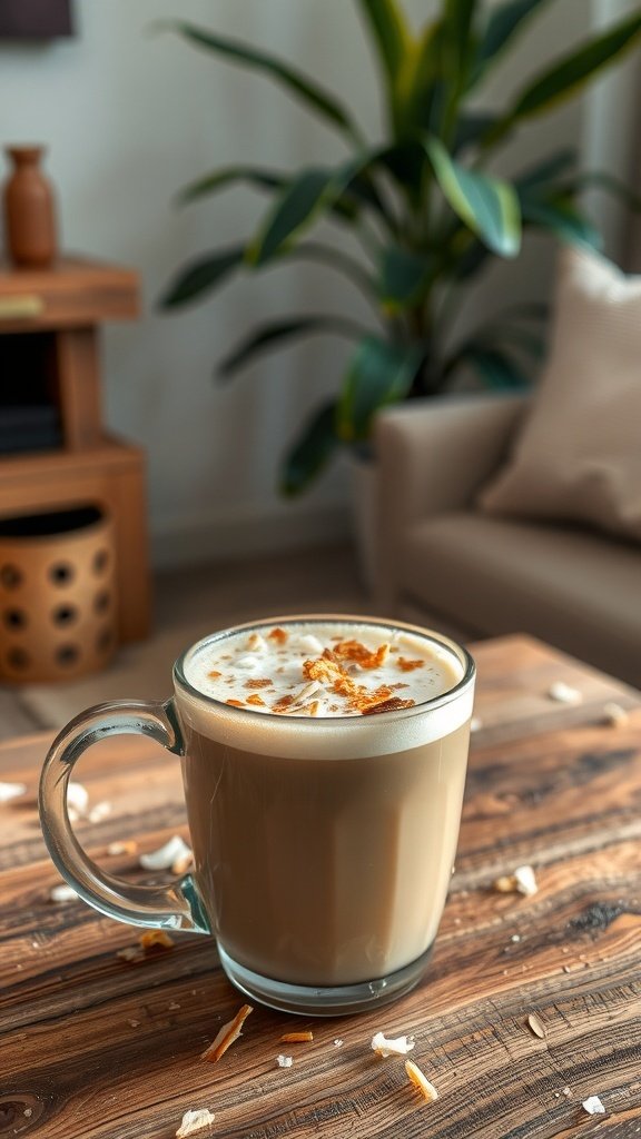 A cozy cup of toasted coconut coffee on a wooden table, garnished with coconut flakes.
