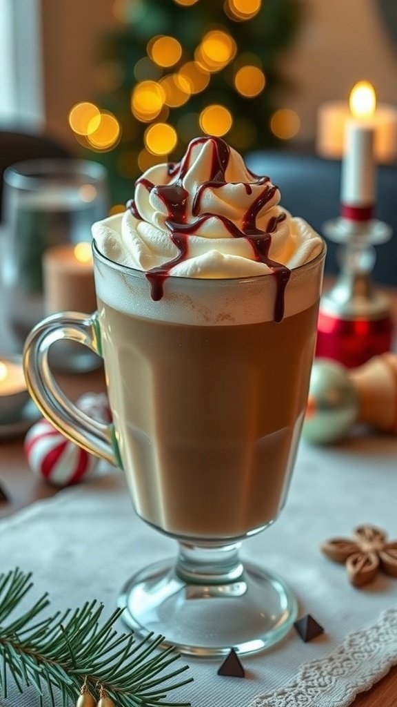 A glass of Irish cream coffee topped with whipped cream and chocolate drizzle, surrounded by Christmas decorations.