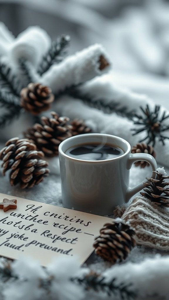 A cozy mug of hot cocoa surrounded by pinecones and a handwritten recipe card.