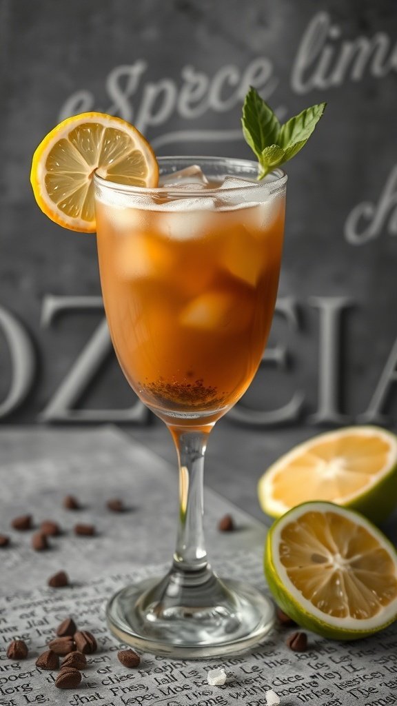 A refreshing Espresso Lime Paloma cocktail garnished with lemon and mint.