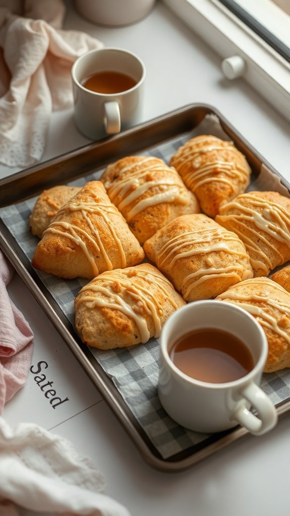 A tray of coffee cake scones drizzled with icing next to cups of tea.