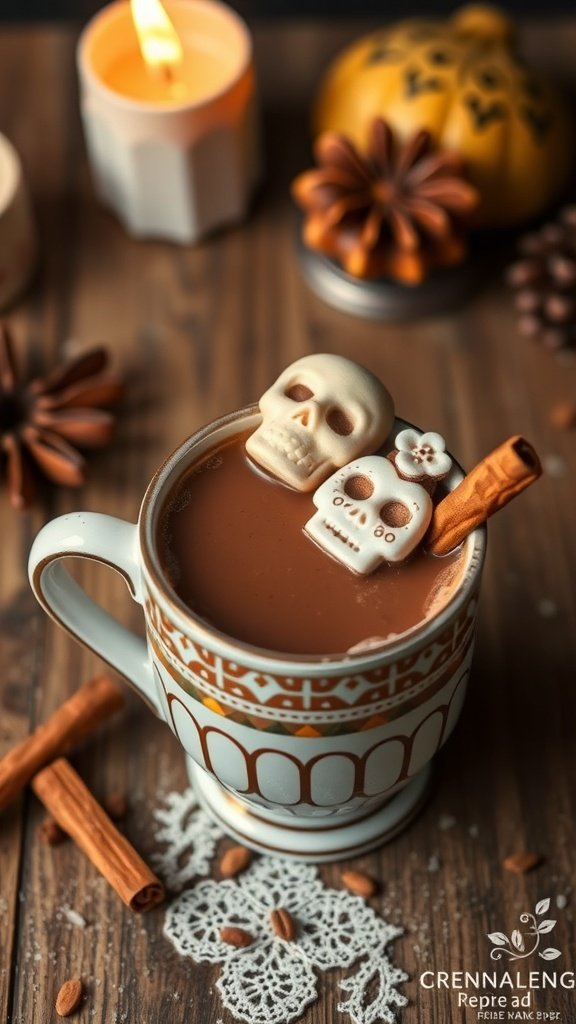 A cozy mug of Mexican hot chocolate topped with sugar skulls and cinnamon sticks, surrounded by autumn decorations.