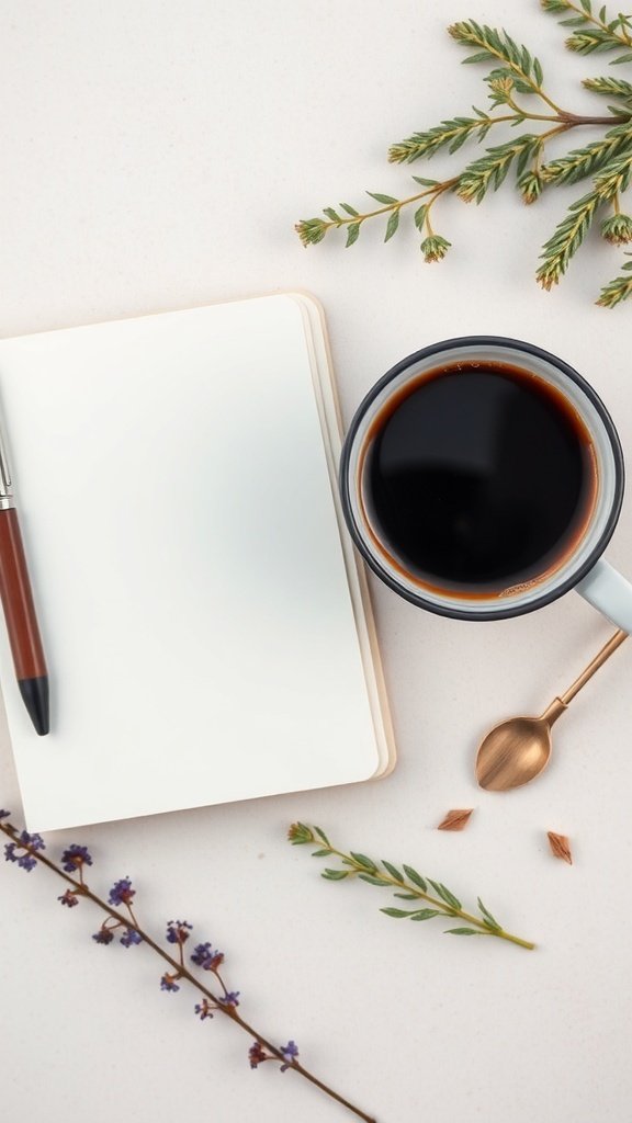A coffee mug with dark coffee, a blank notebook, a pen, and some greenery on a light surface.