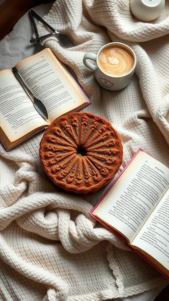 A cozy scene featuring a bundt coffee cake, a cup of coffee, and open books on a knitted blanket.