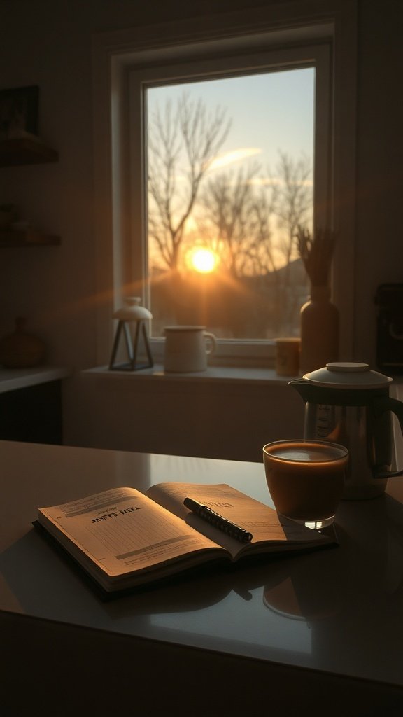 A cozy kitchen scene with a cup of turmeric latte and an open book by the window at sunrise.