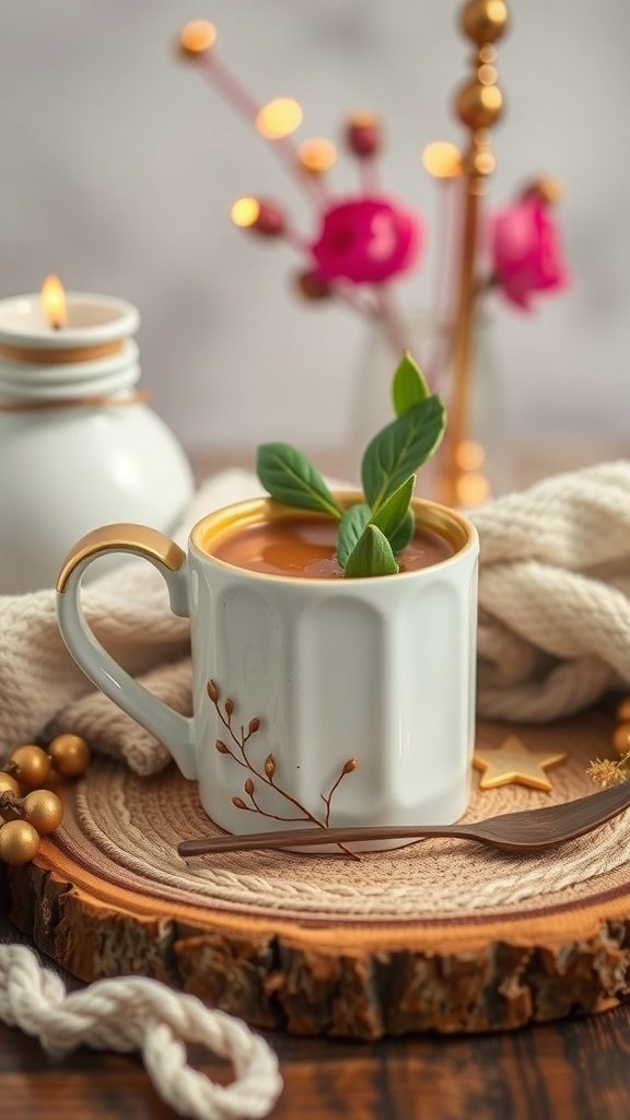 A cozy cup of golden milk chai with decorative elements around it.