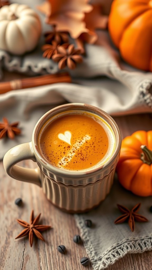 A cozy pumpkin cream chai latte in a mug, surrounded by autumn decorations like pumpkins and star anise.