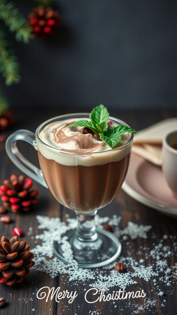 A cup of mocha topped with whipped cream and mint, surrounded by pine cones and holiday decorations.