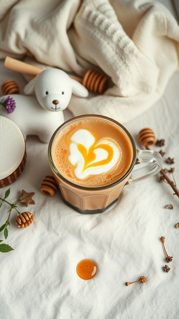 A cozy cup of evening brew with creamy swirl, honey, and soft elements around it.