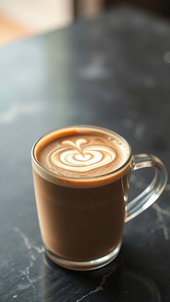 A cup of plant-based bulletproof coffee with latte art on top, sitting on a dark table.