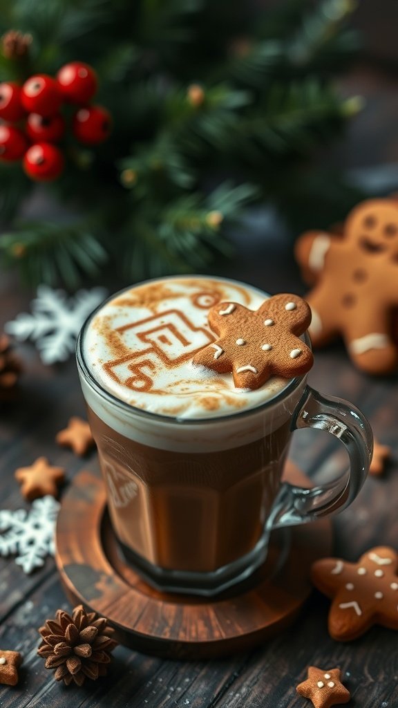 A festive gingerbread latte topped with whipped cream and a gingerbread cookie, surrounded by holiday decorations.