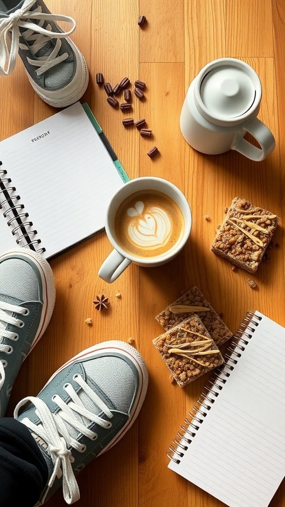 A coffee mug, planner, granola bar, and sneakers on a wooden table.