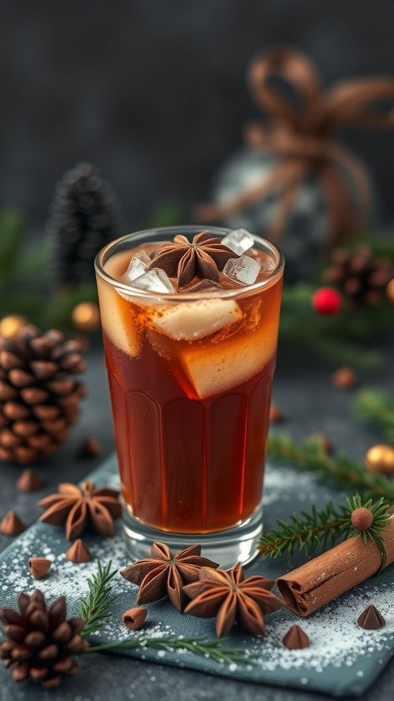 A glass of Holiday Spice Cold Brew coffee with ice, garnished with star anise and cinnamon sticks, surrounded by festive decorations.