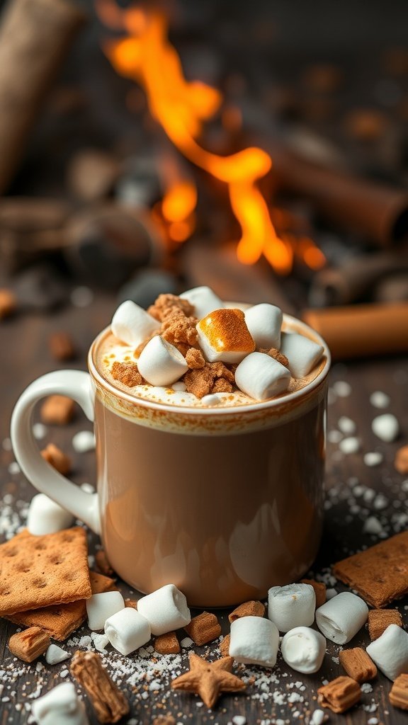 A cozy mug of Spooky S'mores Hot Chocolate topped with marshmallows and graham crackers, set against a warm, inviting background.